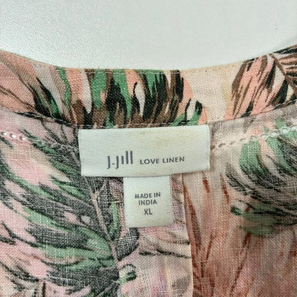 J. Jill Love Linen Blouse Women XL Pink Green Tropical Palm Leaf V-Neck - Picture 2 of 9